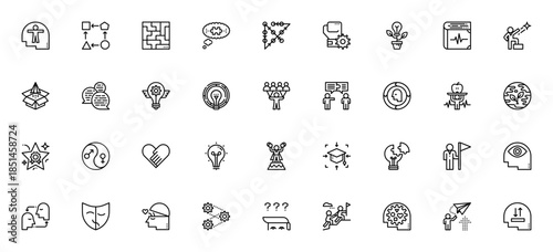 Life skill icon set. Vector illustration featuring think, strategy, creativity, leadership, empathy, problem solving, goal, and more. Minimalist line icons.