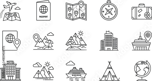 Travel and tourism icons set, passport, map, destination, navigation, hotel, cruise, adventure, vacation symbols, line art, outline, vector illustration