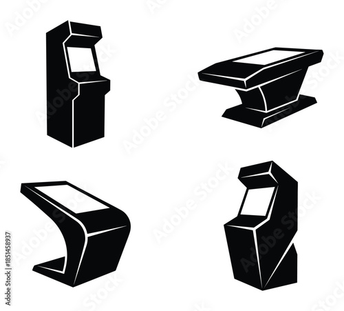 Silhouette of informational kiosk stands. Modern trade show interactive exhibits display vector set.