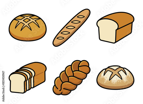 Six different types of loaf bread. Baguette, braided challah, round and sliced bread.