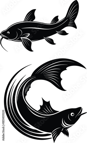 Catfish and Jumping Fish Silhouette Vector Set