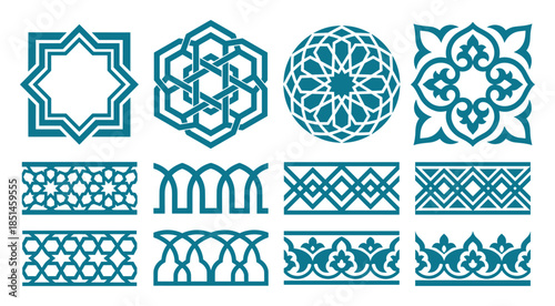 Teal islamic ornament set patterns, vector illustration, traditional geometric design elements.