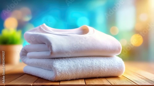 Soft white towels stacked neatly on wooden table indoors