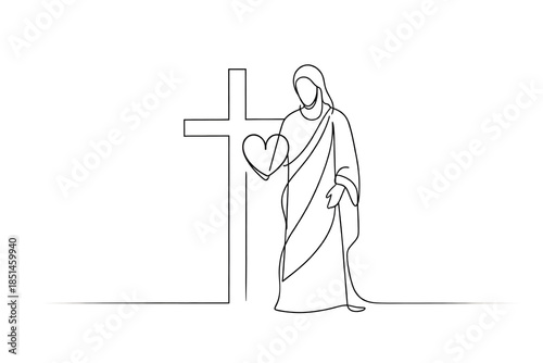 Minimal Line Art of Jesus Christ with Cross and Heart Symbol