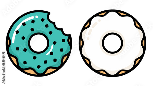 Two Cartoon Donuts: One Bitten Teal, One White Glazed