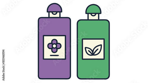 Two Colorful Bottles with Icons: Flower and Leaf