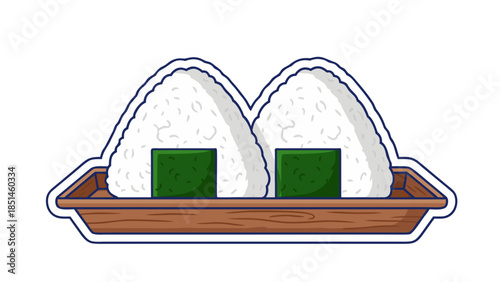 Two Japanese Onigiri Rice Balls with Seaweed on Wooden Tray