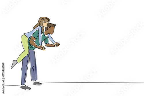 Single line drawing of diverse man giving woman piggyback lean ride, with a dynamic pose, symbolizing energetic love, shared adventure, and mutual enjoyment. Side view. National Loving Day event