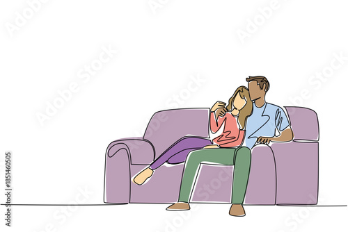 Continuous line drawing of diverse couple lounging comfortably on a large armchair, with the woman resting on the man, symbolizing relaxation, closeness, and shared moments. National Loving Day event
