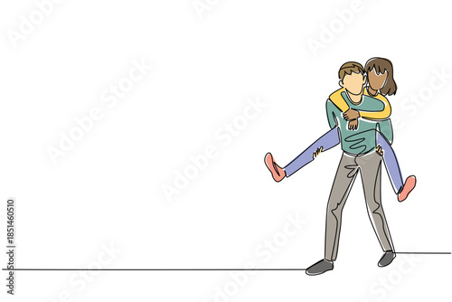 One line draw of diverse man giving woman piggyback ride on walk, both smiling, showing playful affection, support, and shared happiness. National Loving Day of support and lifelong partnership