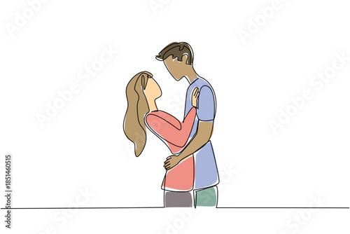 Continuous line draw of diverse couple embracing and gazing into each other eyes, showing intimacy, deep connection, and mutual affection. National Loving Day about commitment, acceptance, and future