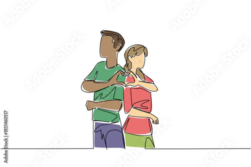 Continuous line drawing of a diverse couple standing back to back, each making a half heart gesture with their hands. National Loving Day messages about unity, love, respect, and the freedom to marry.