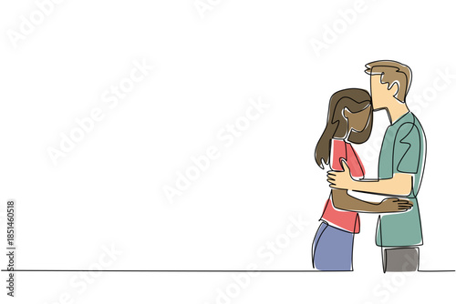 Single line draw of diverse couple, with man embracing woman and kissing her forehead, symbolizing tenderness, affection, and deep connection. National Loving Day celebrating interracial marriage