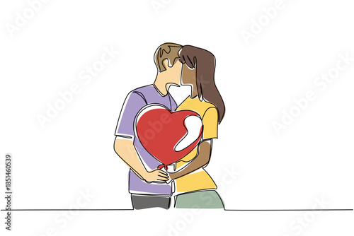 Single line draw of diverse couple kissing passionately while holding red heart shaped balloon, showing love, romance, joy. National Loving Day celebrate freedom to love and marry across line of race