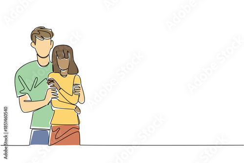 One line drawing of diverse couple, with the man gently hugging the woman from behind, showing support, protection, and affectionate closeness. National Loving Day support, devotion, and lifelong love