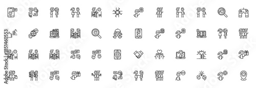 Friendship icon set. Social connection vector illustrations. Includes symbols for video call, high five, gift, conversation, friends, smartphone, camping, thinking, charity and more.