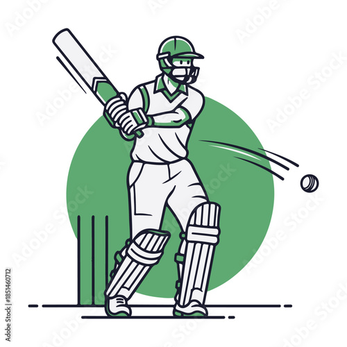 Illustration of a cricket batsman in green uniform playing a front‑foot shot, eyes focused on the red ball with wickets behind him and a simple abstract background. Perfect for match posters, score