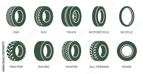 Vector tires set for different vehicles including cars, SUVs, trucks, motorcycles, and bicycles.