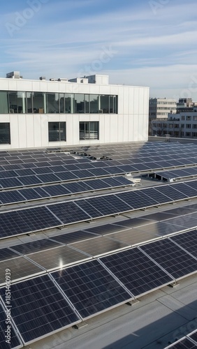 Modern Rooftop Solar Panels On White Building For Renewable Energy.