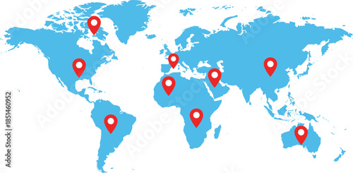  Flat blue world map vector illustration with red location pins on various continents isolated on white background for travel and global business concepts.