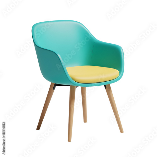 Teal chair with yellow cushioned seat and wooden legs on a white background, showcasing modern design.