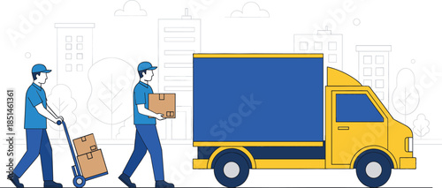  Delivery men loading cardboard boxes into yellow truck for logistics shipping service moving house warehouse distribution and e-commerce transport concept vector illustration.