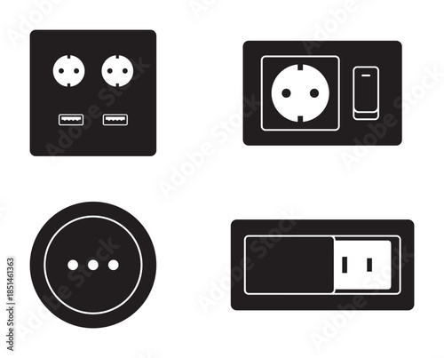 Vector illustration of various electrical outlets, European and US sockets with USB ports.