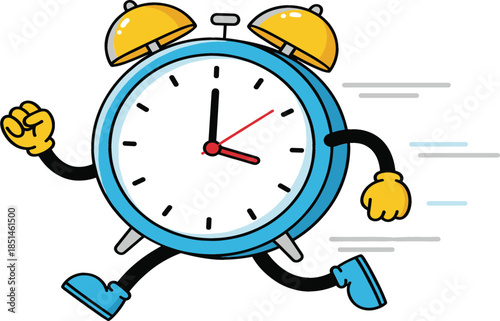  Cute cartoon alarm clock character with arms and legs running fast to show time passing isolated on white background vector illustration