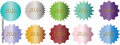 Set of Colorful Gradient Shiny Starburst Badges with '2026' Text, Isolated Vector Collection