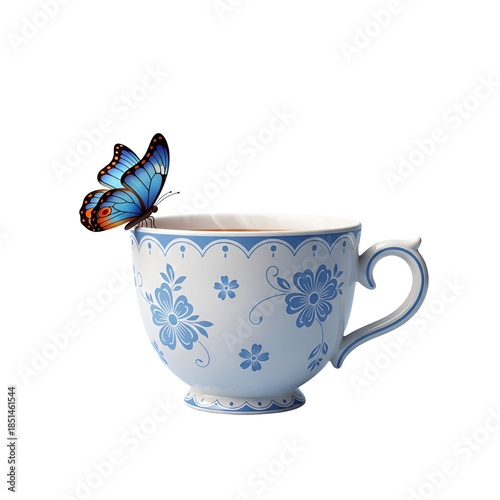 A blue butterfly perches on the rim of a delicate, floral-patterned teacup against a clean white background.