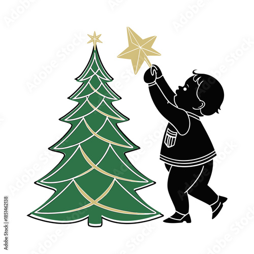 Child placing star on christmas tree