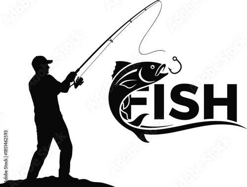 Black silhouette logo design of a fisherman casting a line with a large fish on the hook, illustrating fishing sport, angling club, outdoor hobby, and recreational activity branding.