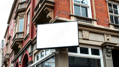 Blank white sign hanging on the corner of a red brick building