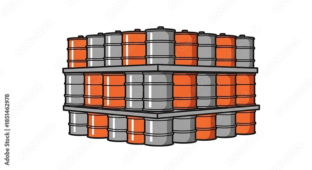 Fototapeta premium Stacked Barrels on Pallets - Industrial Storage and Logistics.