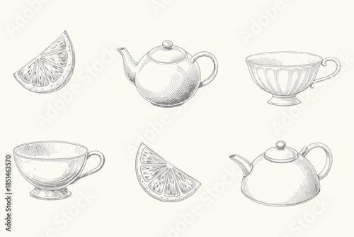 Vintage coffee and tea pots with steaming cups illustration. Engraved style tea elements for creative design. Eps 10