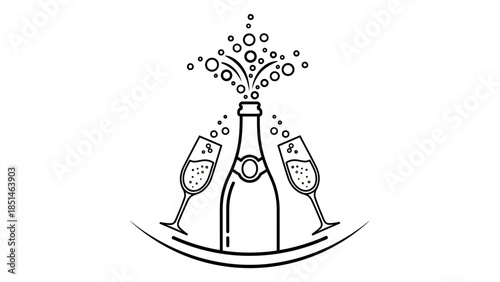 Elegant champagne bottle with two glasses and festive bubbles, perfect for celebrations and special occasions.