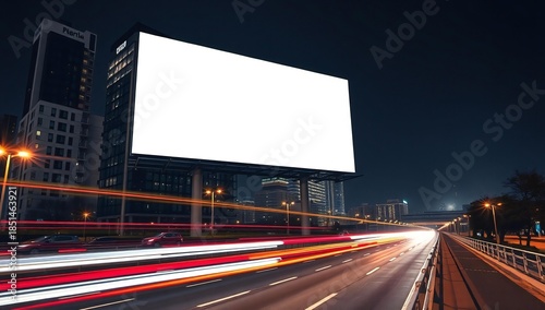 Blank billboard at night on a busy city street with light trails