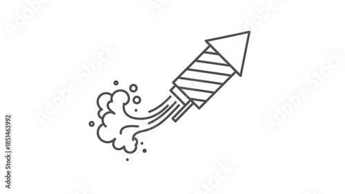 Simple line art illustration of a rocket firework launching with smoke and sparks, celebrating an event.