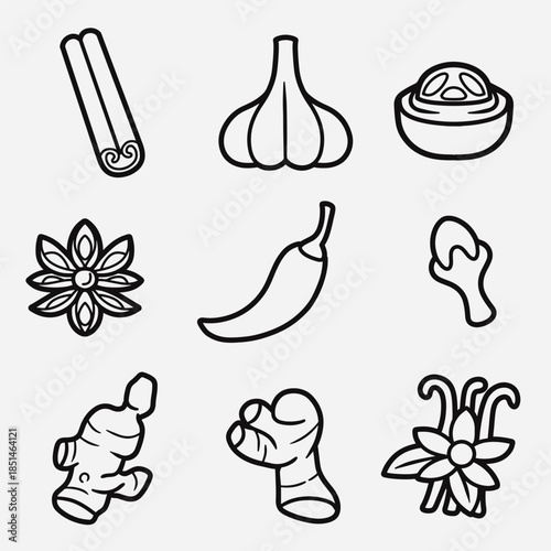 set of spices with outline style good for icon, symbol, element design, coloring book, etc