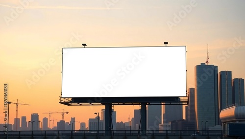 Blank billboard in urban cityscape at sunset with copy space