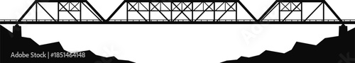 Black silhouette of a steel railway truss bridge structure over solid ground, construction, engineering, transport, infrastructure, vector.