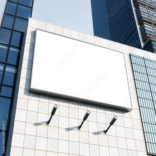 Blank white billboard on modern building facade with copy space