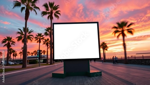 Blank billboard sign on a tropical beach boardwalk at sunset with palm trees