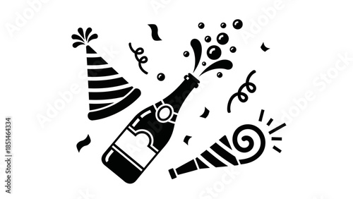Celebration party elements with champagne bottle, hat, and confetti for festive occasions.