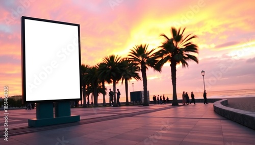 Blank billboard on a tropical beach promenade at sunset with palm trees