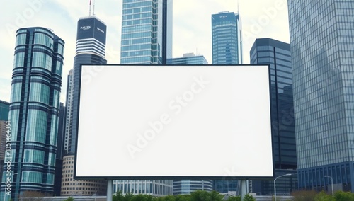 Blank white billboard in front of modern city skyscrapers