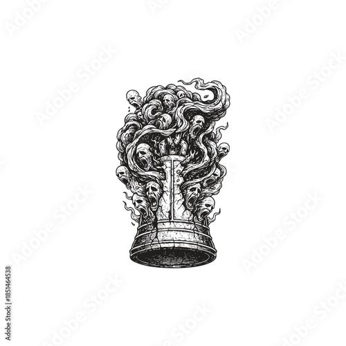 Dark vintage illustration of a cracked Japanese temple bell with screaming ghost faces emerging from swirling smoke