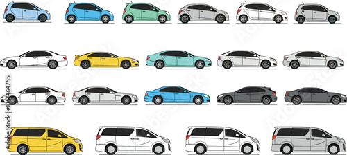 Collection of colorful car illustrations, modern vehicle lineup, sedan and hatchback models, automotive design graphics, transportation concept artwork for digital projects