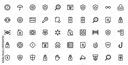 Protection and Security icon set. Vector illustration. Includes symbols for spam, antivirus, firewall, password, shield, lock, privacy, key, safe, and more. Editable stroke.
