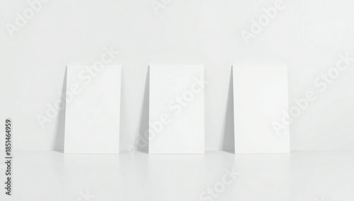 Three blank white vertical rectangular panels arranged in a row on a reflective surface